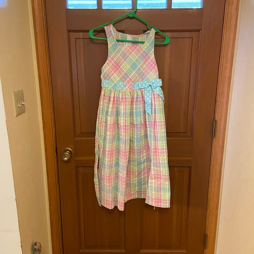 Pastel Plaid Colored Dress with Baby Blue and White Polka Dotted Ribbon Belt.